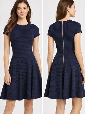 Ted Baker London Laysee Ribbed Fit Flare Dress Navy Cap Sleeve Size 6 US
